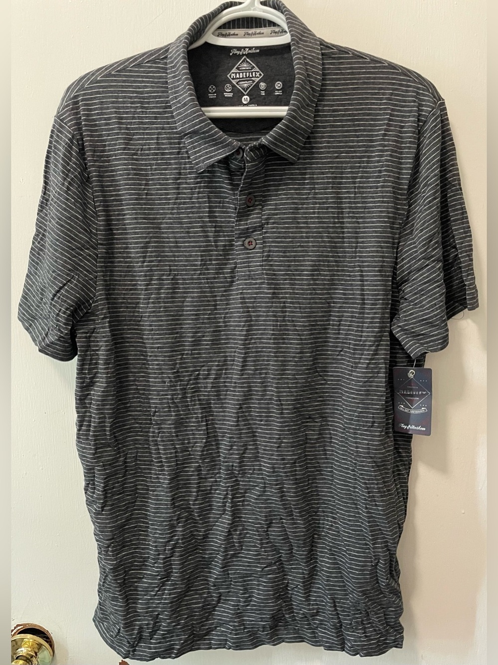 Flag & Anthem MadeFlex Men's Striped Polo Shirt Short Sleeve Charcoal Medium M